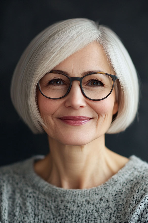 Sleek Silver Bob, Bob Haircut For Women Over 60 with Glasses