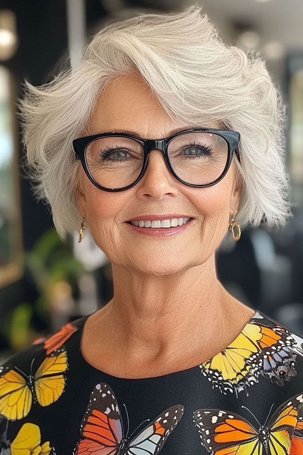 Elegant Silver Pixie, Short Haircut For Women Over 60 with Glasses