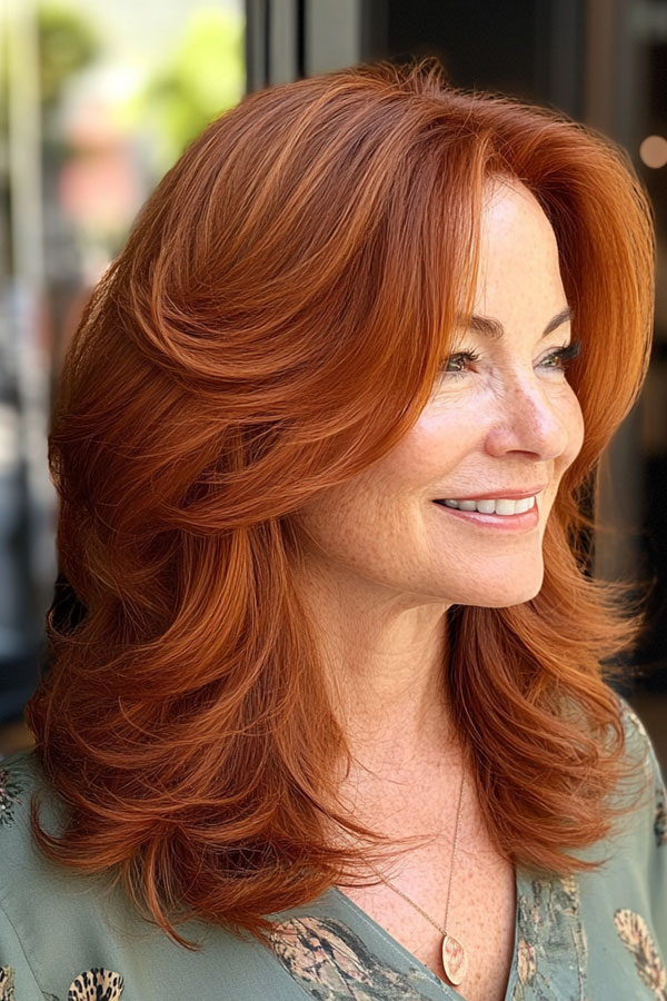 Fiery Coppery Layers with Curtain Bangs, Long Layered Haircut for women over 50, Long Layered Hairstyle for women over 50, butterfly layered haircut