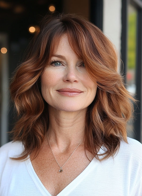 Auburn Waves with Side-Swept Bangs, Collarbone-Length Haircut for over 60, collarbone Hairstyle For Women Over 60