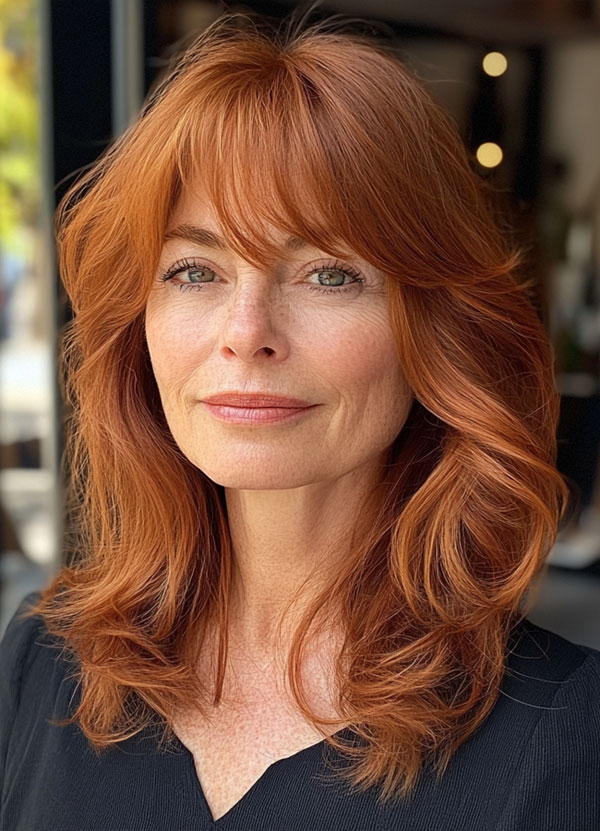 Radiant Red Layers, Long Layered Haircut for women over 50, Long Layered Hairstyle for women over 50, butterfly layered haircut