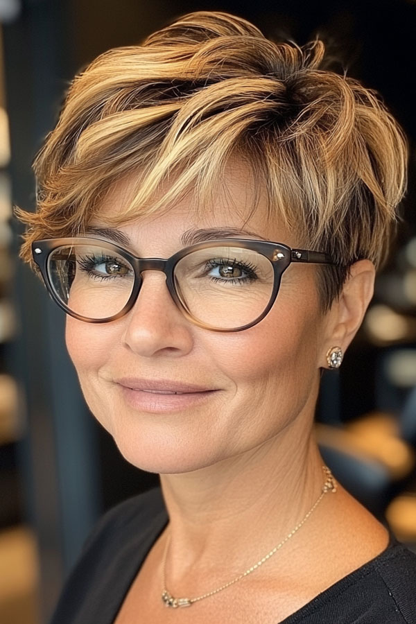 Blonde Highlights Pixie, Pixie Haircut For Women Over 60 with Glasses