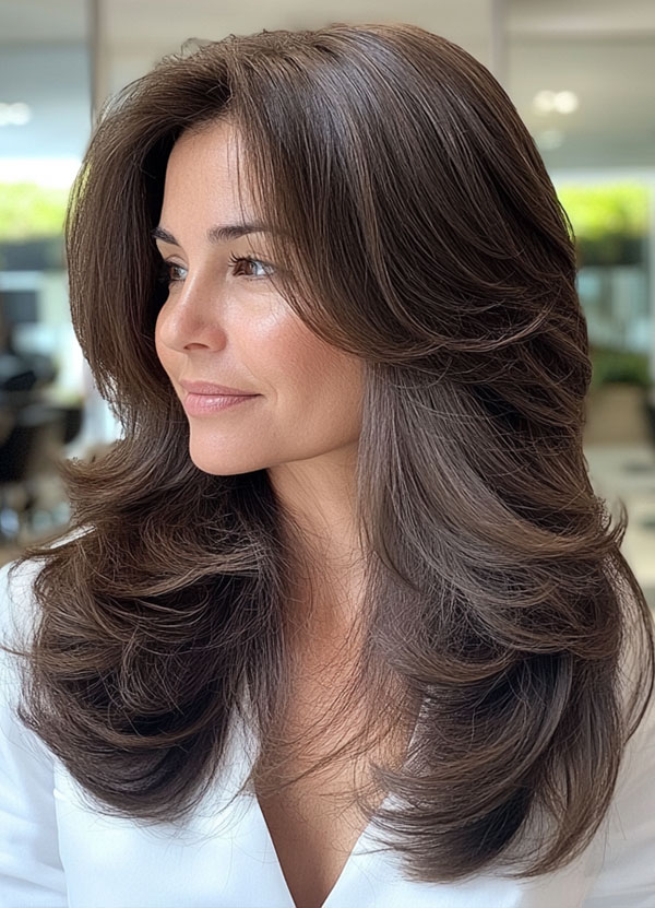 Lustrous Brunette Butterfly Layers, Long Layered Haircuts and Hairstyles For Women Over 40