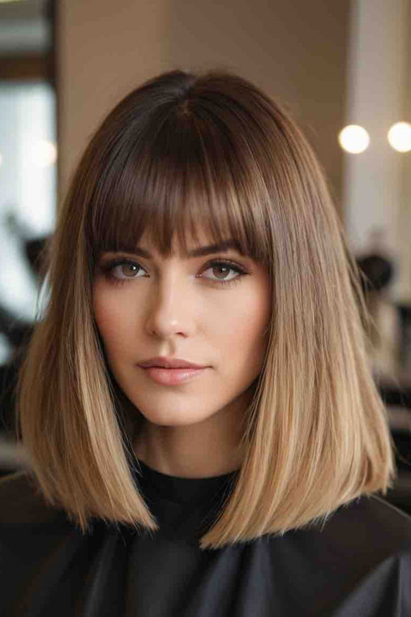 Classic Sleek Bob with Soft Fringe, trendy long bob with fringe, long bob hairstyle with bangs