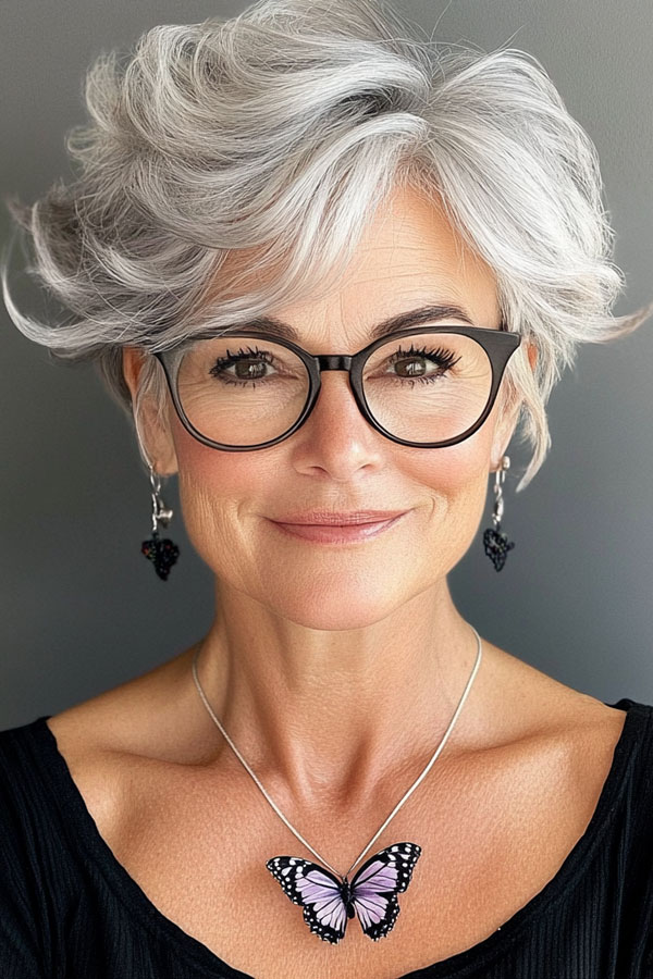 Silver Waves, Short Haircut For Women Over 60 with Glasses