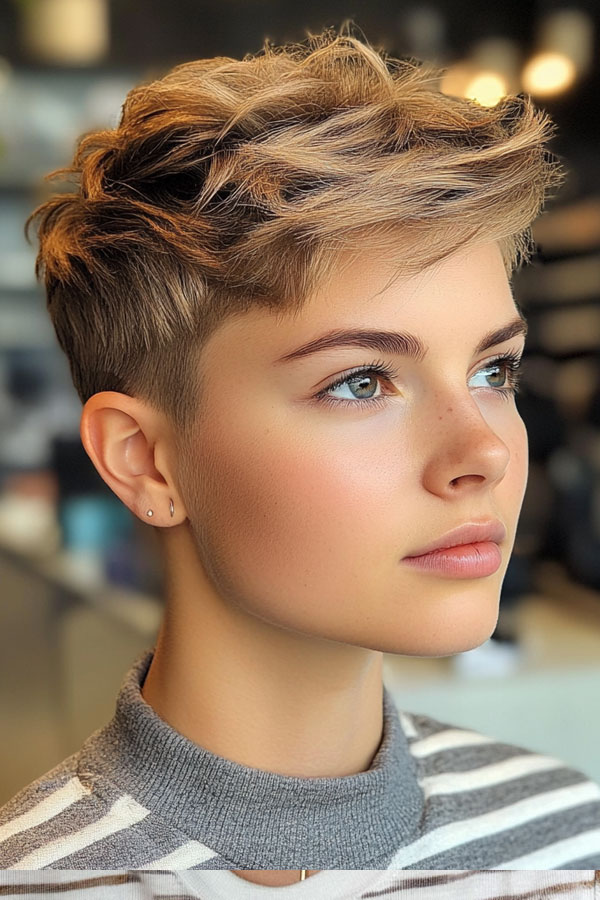 Playful Sandy Blonde Textured Pixie, Effortless Pixie Haircut, short haircut for women