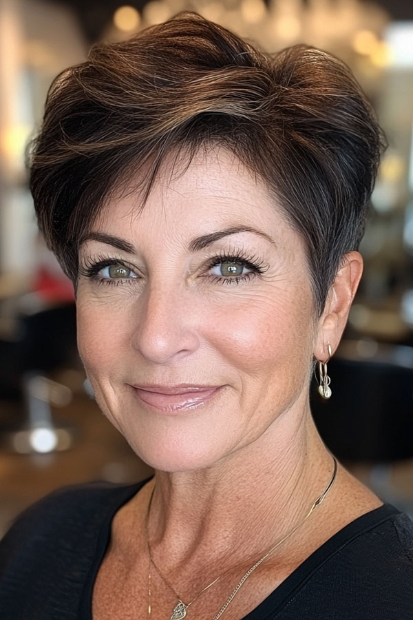 Classic Brunette Layered Pixie, pixie haircut for women over 60