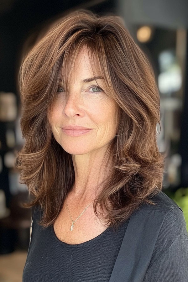 Effortless Brunette Layers, medium-length layered haircuts, mid-length hairstyle for women Over 60 