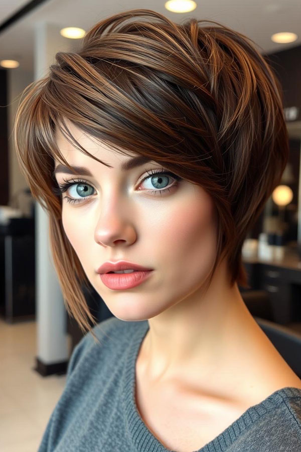 Sleek Chestnut Layered Pixie, pixie hairstyle, short haircut 