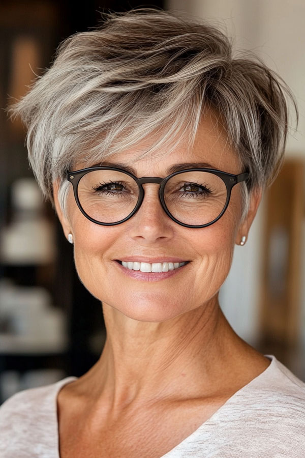 Silver Feathered Layered Pixie, Pixie Haircut For Women Over 60 with Glasses