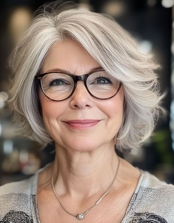 Sophisticated Silver Bob, Short Haircut For Women Over 60 with Glasses