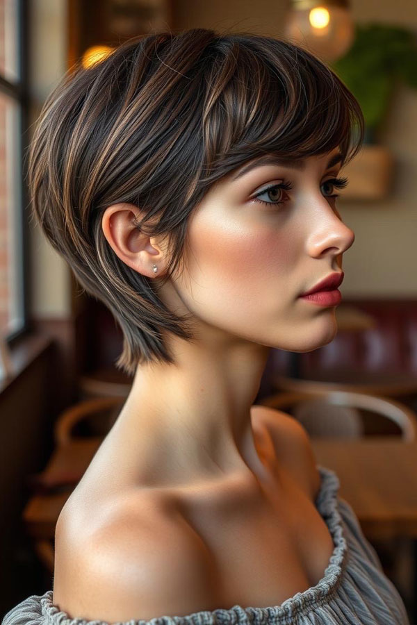 Rich Brown Pixie with Caramel Highlights, 