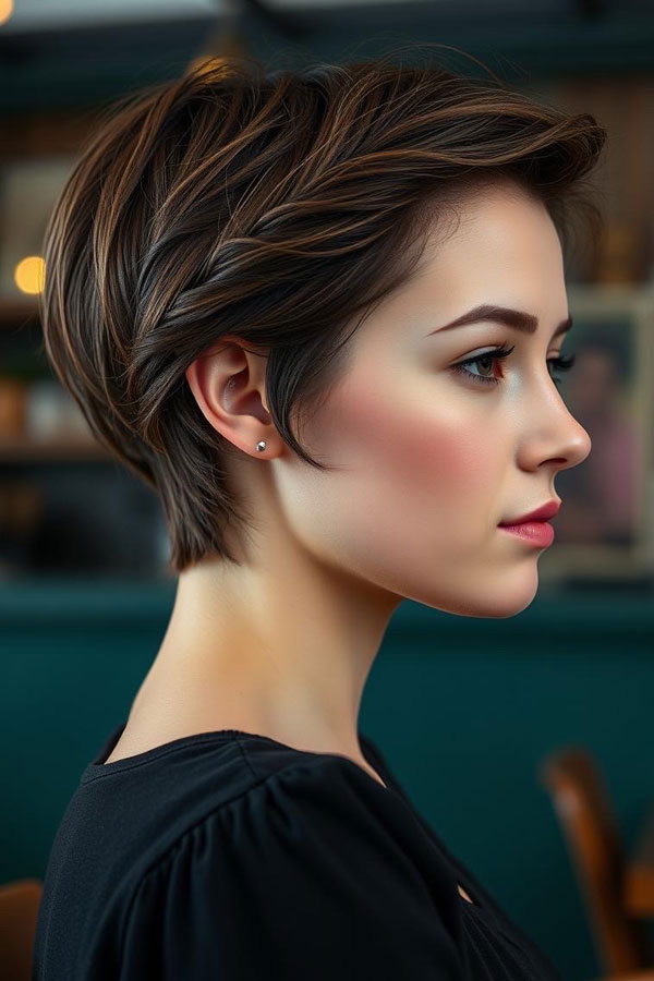 Sleek Espresso Pixie, Effortless Pixie Haircut, short haircut for women