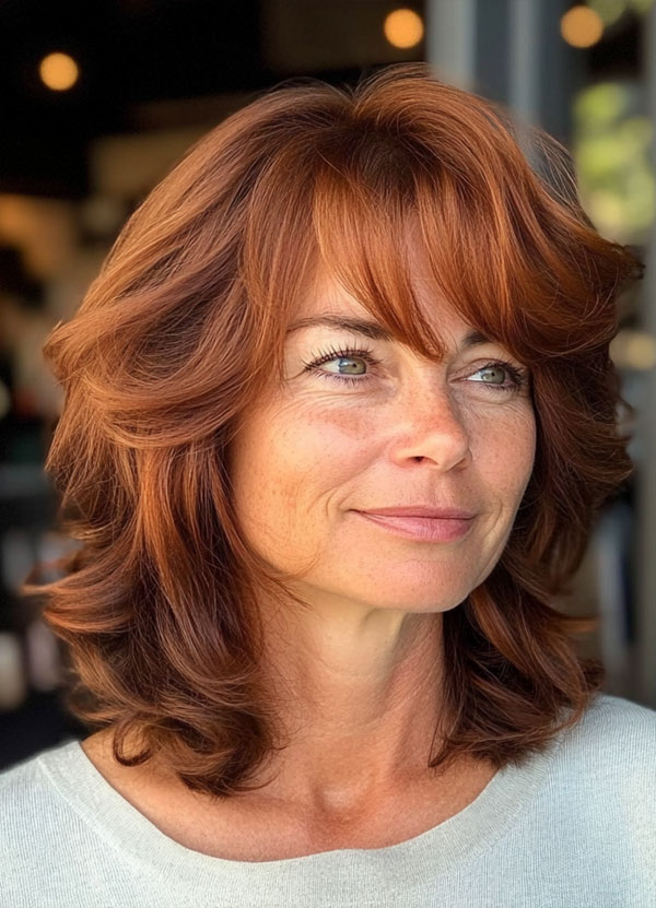 Effortless Auburn Layers with bangs, Collarbone-Length Haircut for over 60, collarbone Hairstyle For Women Over 60