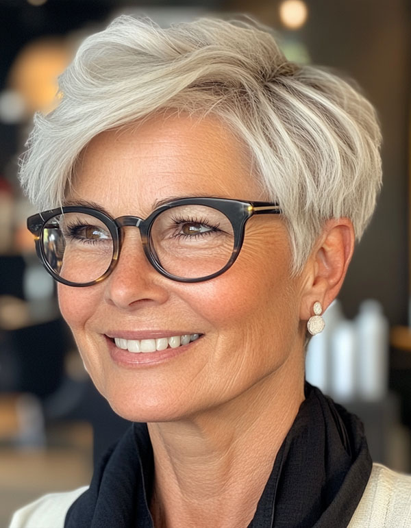 Platinum Pixie with Tapered Side, Pixie Haircut For Women Over 60 with Glasses