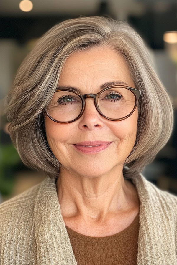 Elegant Gray Bob, Bob Haircut For Women Over 60 with Glasses