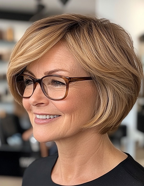 Blonde Bob with Side-Swept Bangs, Bob Haircut For Women Over 60 with Glasses