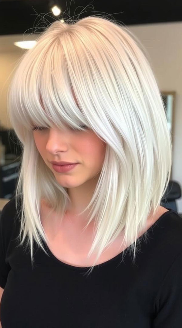 Curtain Fringe Platinum Bob, icy platinum long bob, icy platinum lob