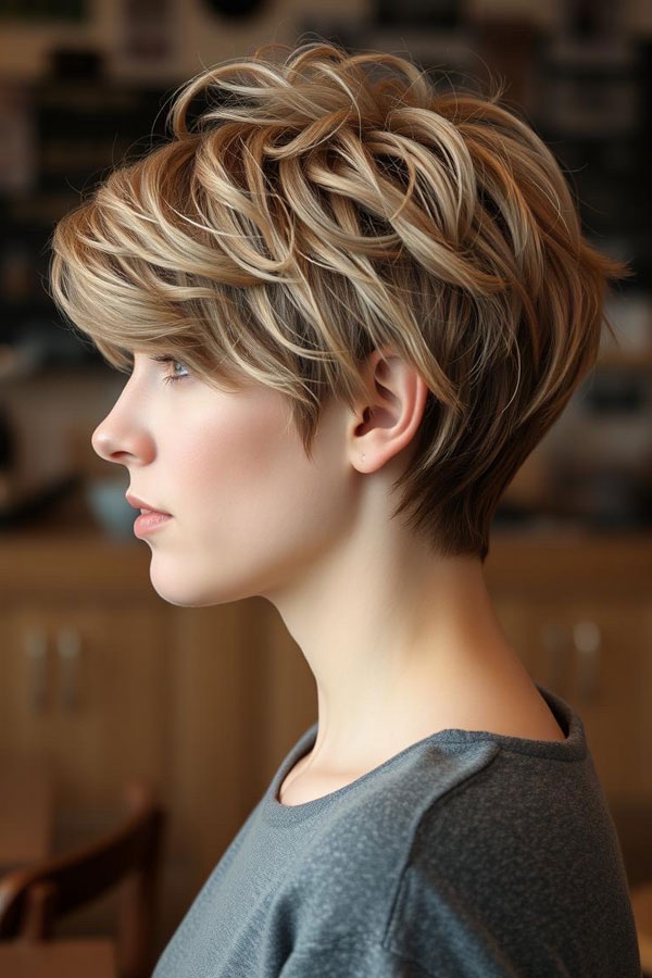 Textured Ash Blonde Pixie, pixie hairstyle, short haircut 