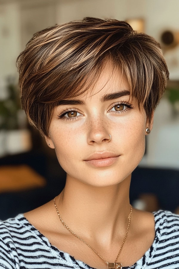 Sun-Kissed Highlights Pixie, Effortless Pixie Haircut, short haircut for women