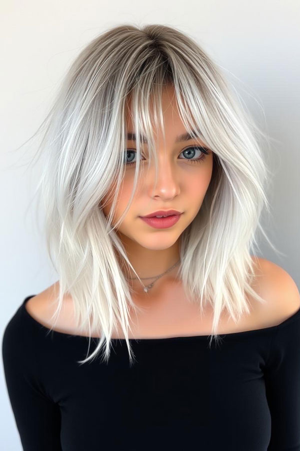 Voluminous Platinum Bob with Side-Swept Layers, icy platinum long bob, icy platinum lob