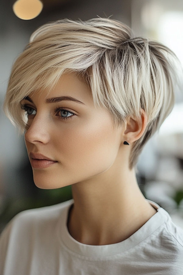 Ice Blonde Pixie with Side-Swept Bangs, Effortless Pixie Haircut, short haircut for women