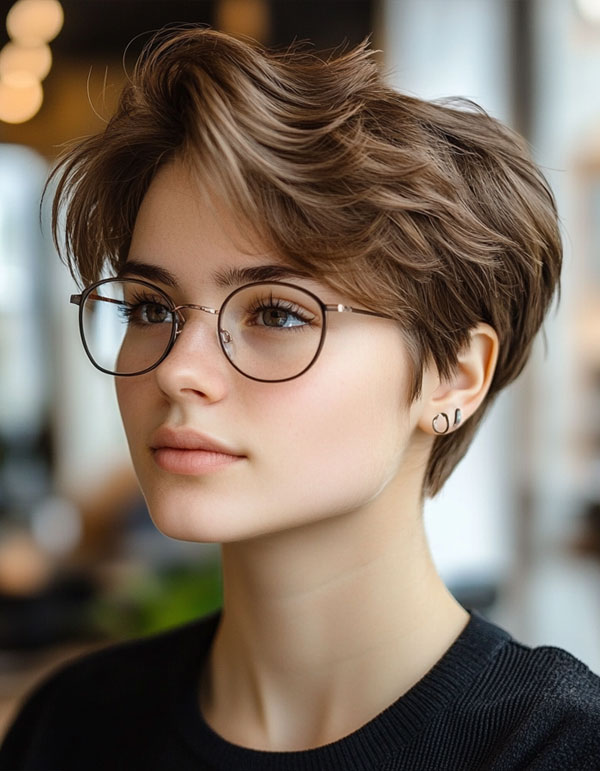 Soft Brown Pixie with Glasses, Effortless Pixie Haircut, short haircut for women