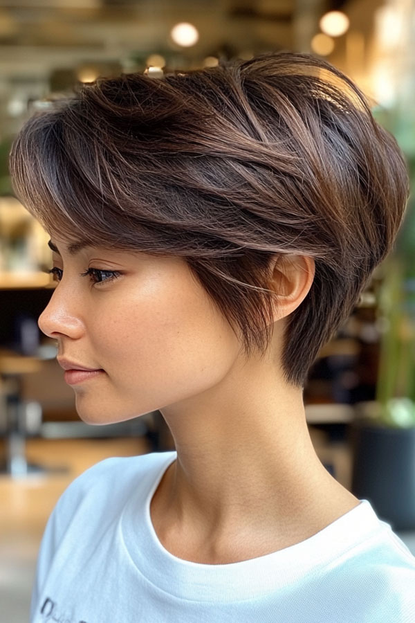 Softly Layered Brown Pixie, Effortless Pixie Haircut, short haircut for women