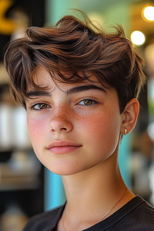 Tousled Brunette Pixie with wavy fringe