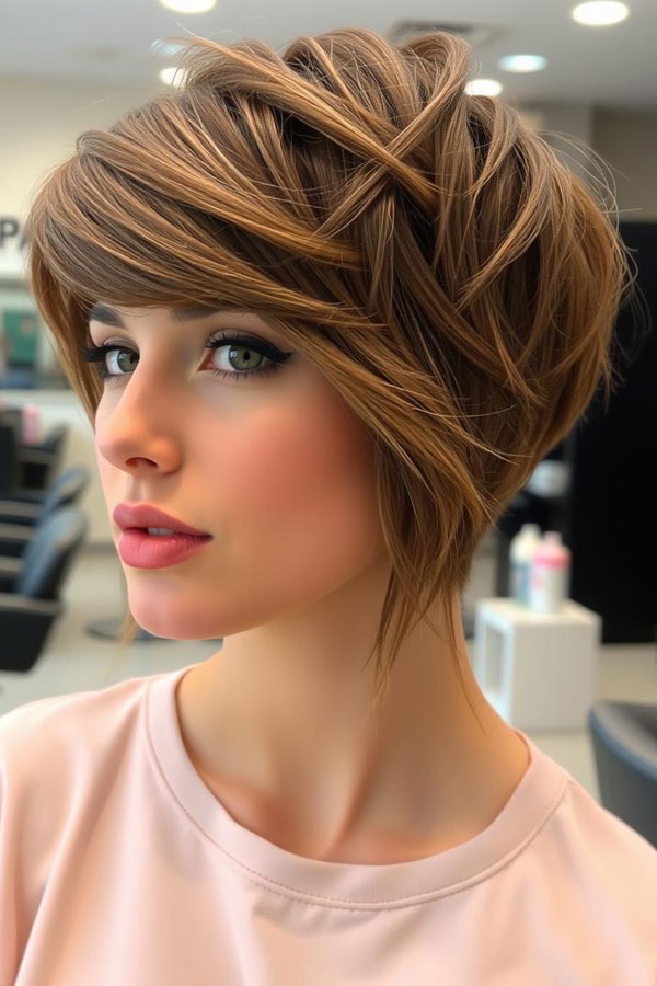 Elegant Caramel Layered Pixie, pixie hairstyle, short haircut 