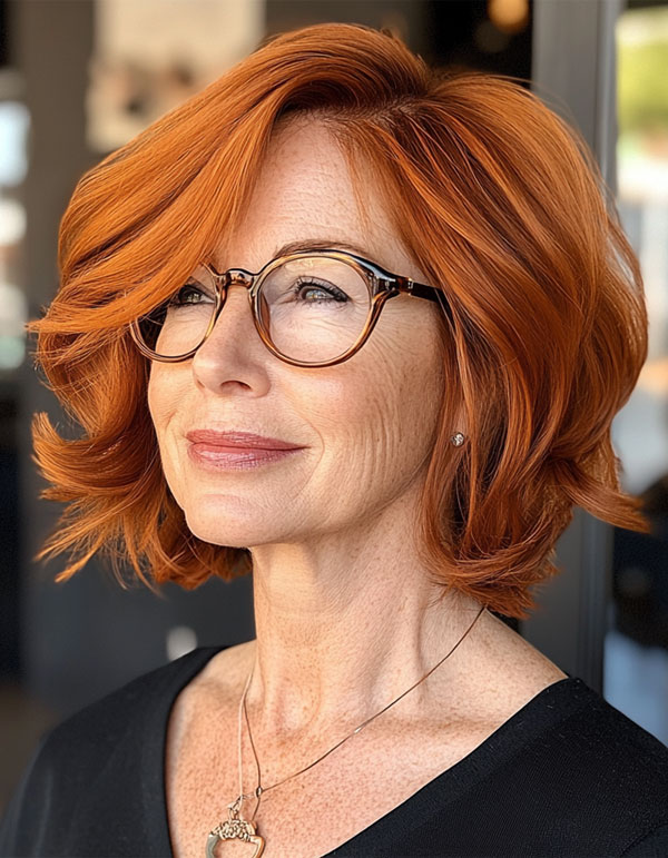 Fiery Layered Bob, Medium-Length Haircut For Women Over 60 with Glasses