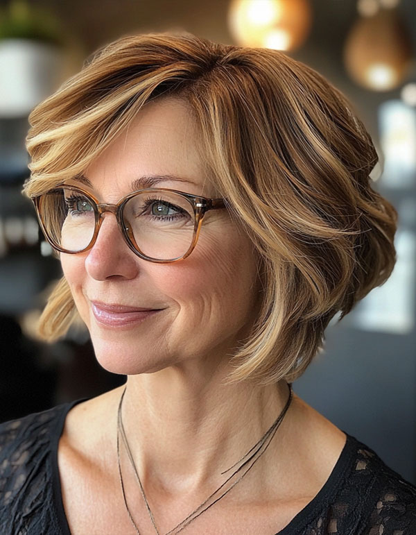 Voluminous Layered Bob with Highlights, Short Haircut For Women Over 60 with Glasses