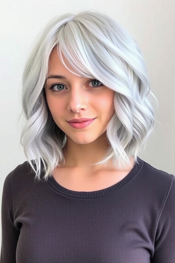 Soft Silver Waves with Side Fringe, icy platinum long bob, icy platinum lob