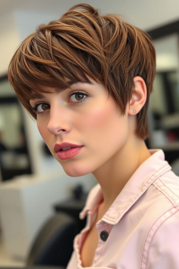 Soft Auburn Layered Pixie, pixie hairstyle, short haircut 