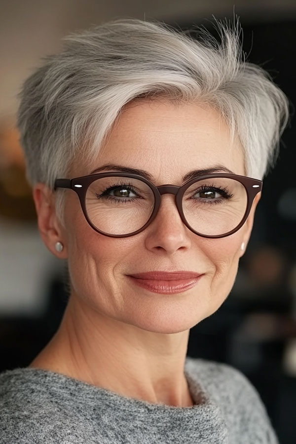 Silver Textured Layered Pixie, Pixie Haircut For Women Over 60 with Glasses