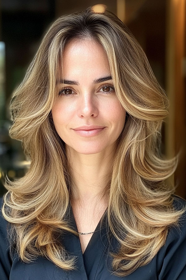 Soft Blonde Layers with Curtain Bangs, layered haircut for women over 40