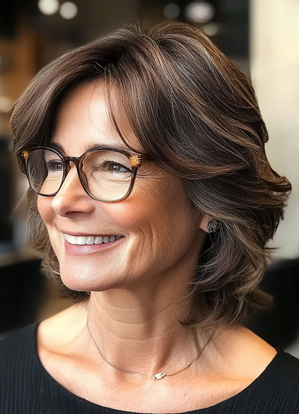 Soft Layered Bob, Short Haircut For Women Over 60 with Glasses