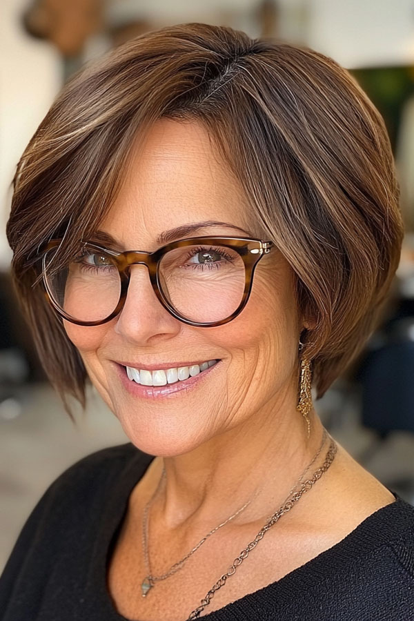 Rich Chestnut Bob, Bob Haircut For Women Over 60 with Glasses