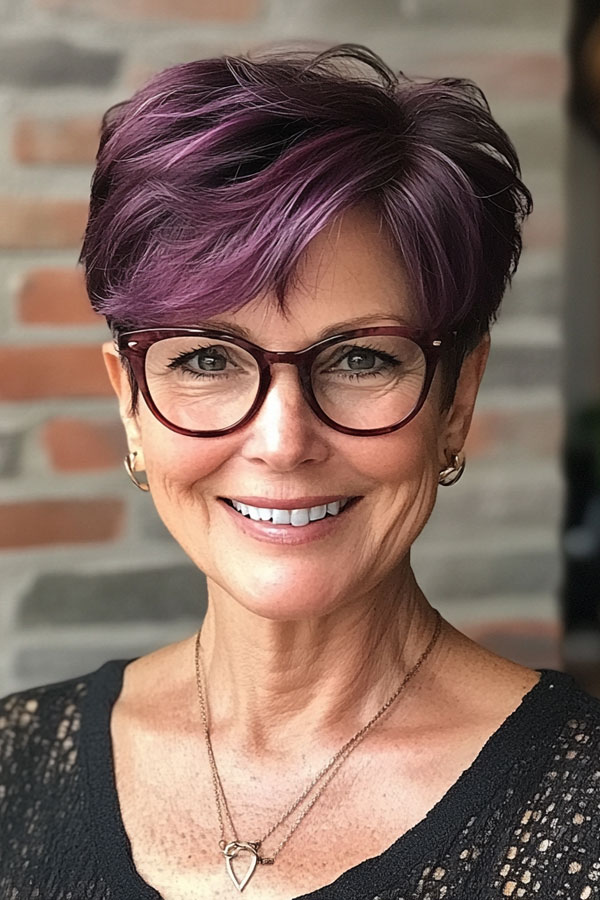 Vibrant Plum Pixie, Pixie Haircut For Women Over 60 with Glasses