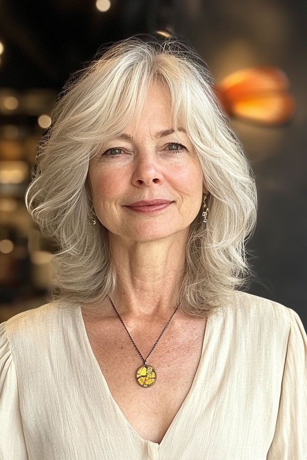 Silver Shag with Wispy Bangs, medium-length layered haircut