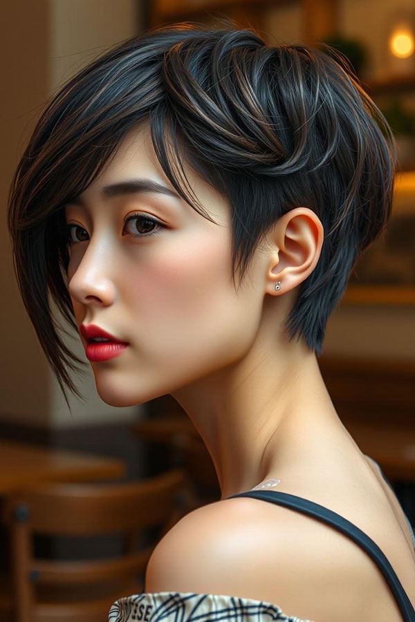 Sleek Midnight Pixie, Effortless Pixie Haircut, short haircut for women