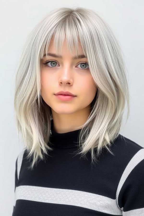 Softly Layered Platinum Bob with Baby Bangs, icy platinum long bob, icy platinum lob