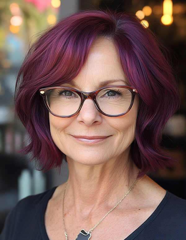 Chic Plum Waves, Short Haircut For Women Over 60 with Glasses