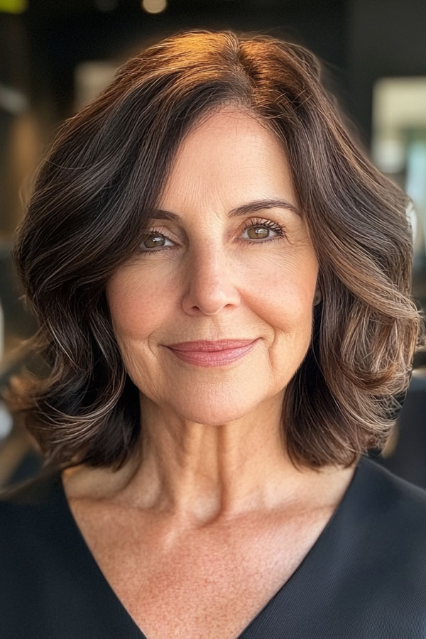 Side-Parted Chic Chocolate Layers, medium-length layered haircuts, mid-length hairstyle for women Over 60