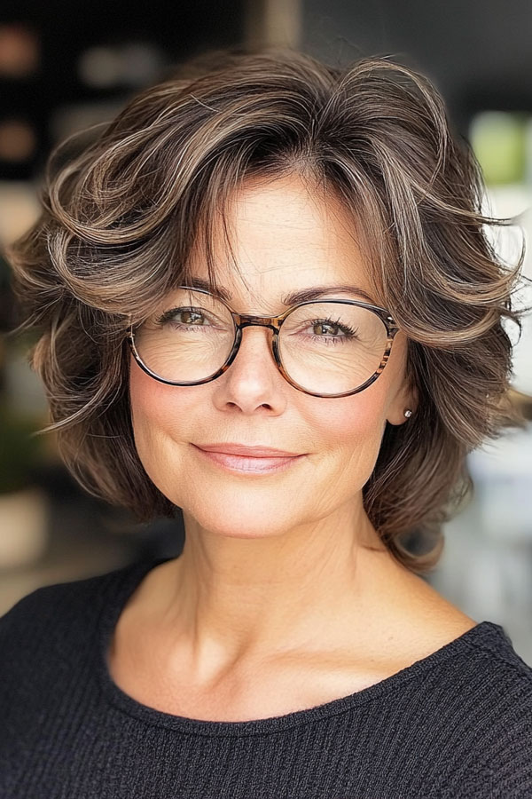 Brunette Soft Layers, Medium-Length Haircut For Women Over 60 with Glasses