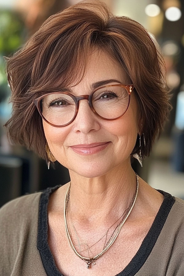 Soft Brown Layered Bob with Bangs, Bob Haircut For Women Over 60 with Glasses