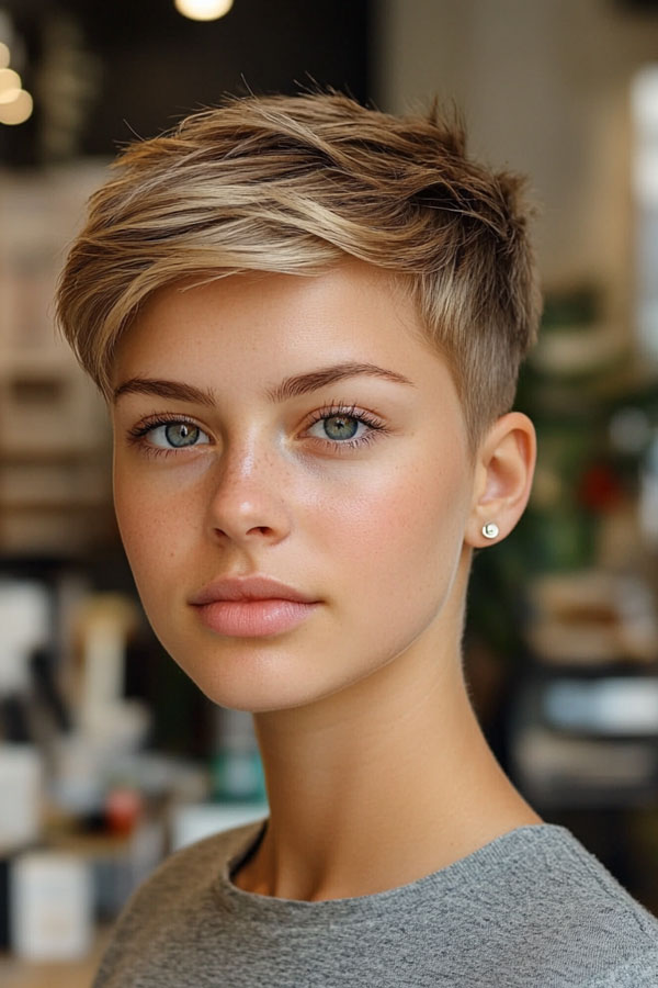 Sandy Blonde Textured Pixie, Effortless Pixie Haircut, short haircut for women