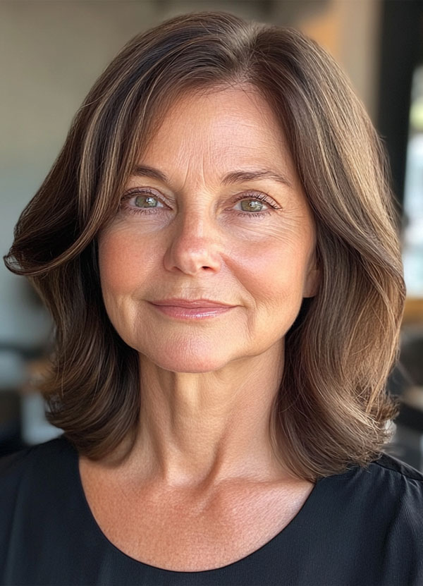 Classic Brunette Layers, Collarbone-Length Haircut for over 60, collarbone Hairstyle For Women Over 60