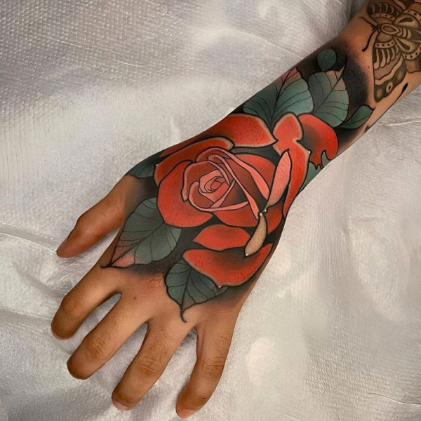 25 Timeless Rose Hand Tattoos : Neo-Traditional Red Rose Hand Tattoo