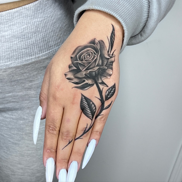 Black and Grey Rose Hand Tattoo, hand tattoos rose